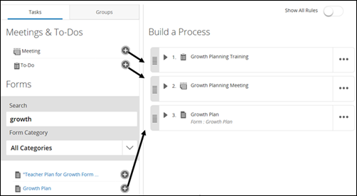 Add meetings, to-dos, and forms to the process.