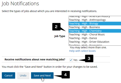 Select the desired Job Type(s). Select Yes to receive notifications. Click Save and Next.