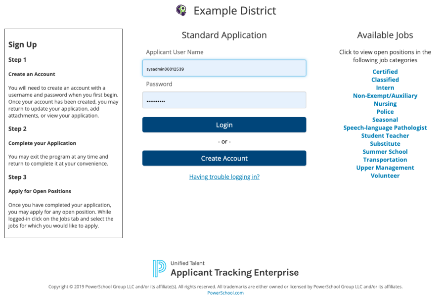 New applicant login page